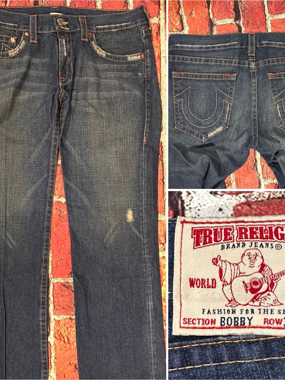 TRUE RELIGION MENS BLUE JEANS SZ 38x33 DENIM BOBBY WORLD TOUR VINTAGE DISTRESSED